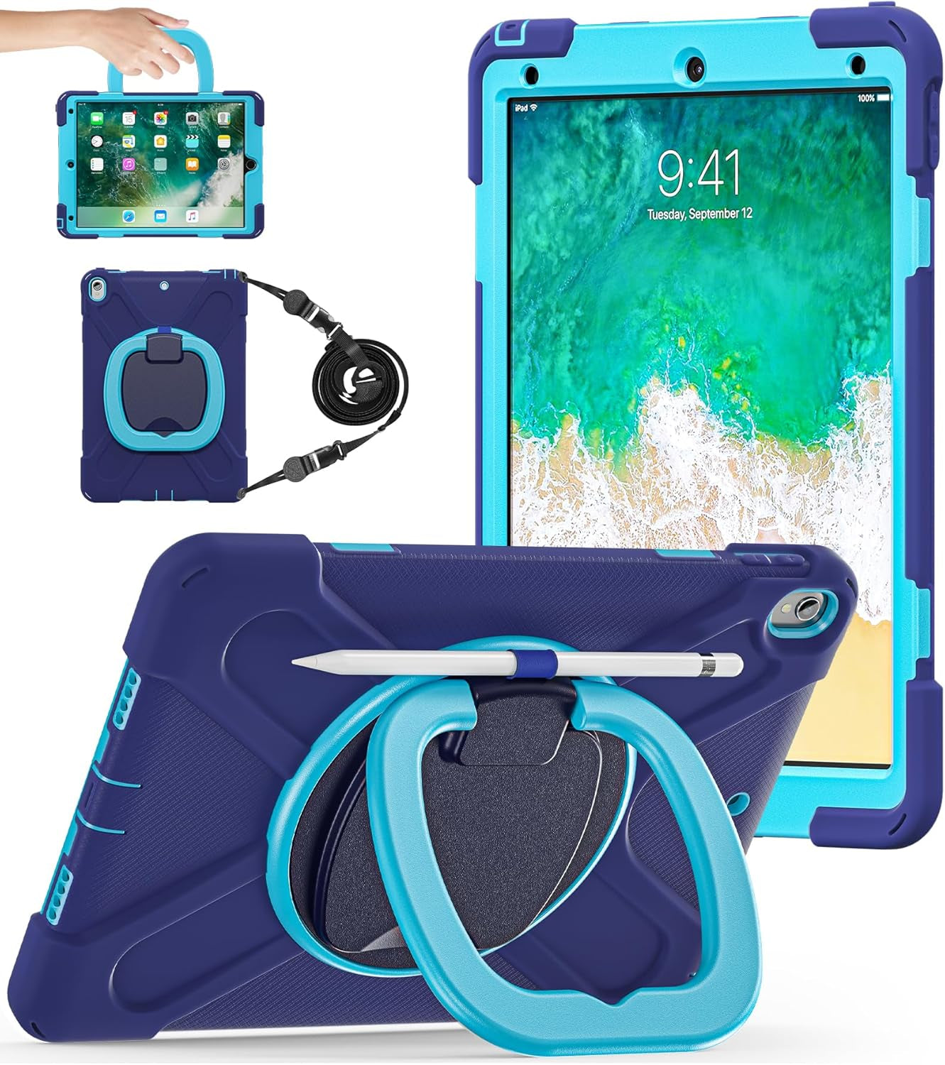 Ipad Air 3Rd Generation Case 2019 Release/Ipad Pro 10.5 Case 2017 Released; Rugged Heavy Duty Protective Cover with Pencil Holder, 360Β° Swivel Stand, Shoulder Strap; for Kids (Navy Blue+Blue)