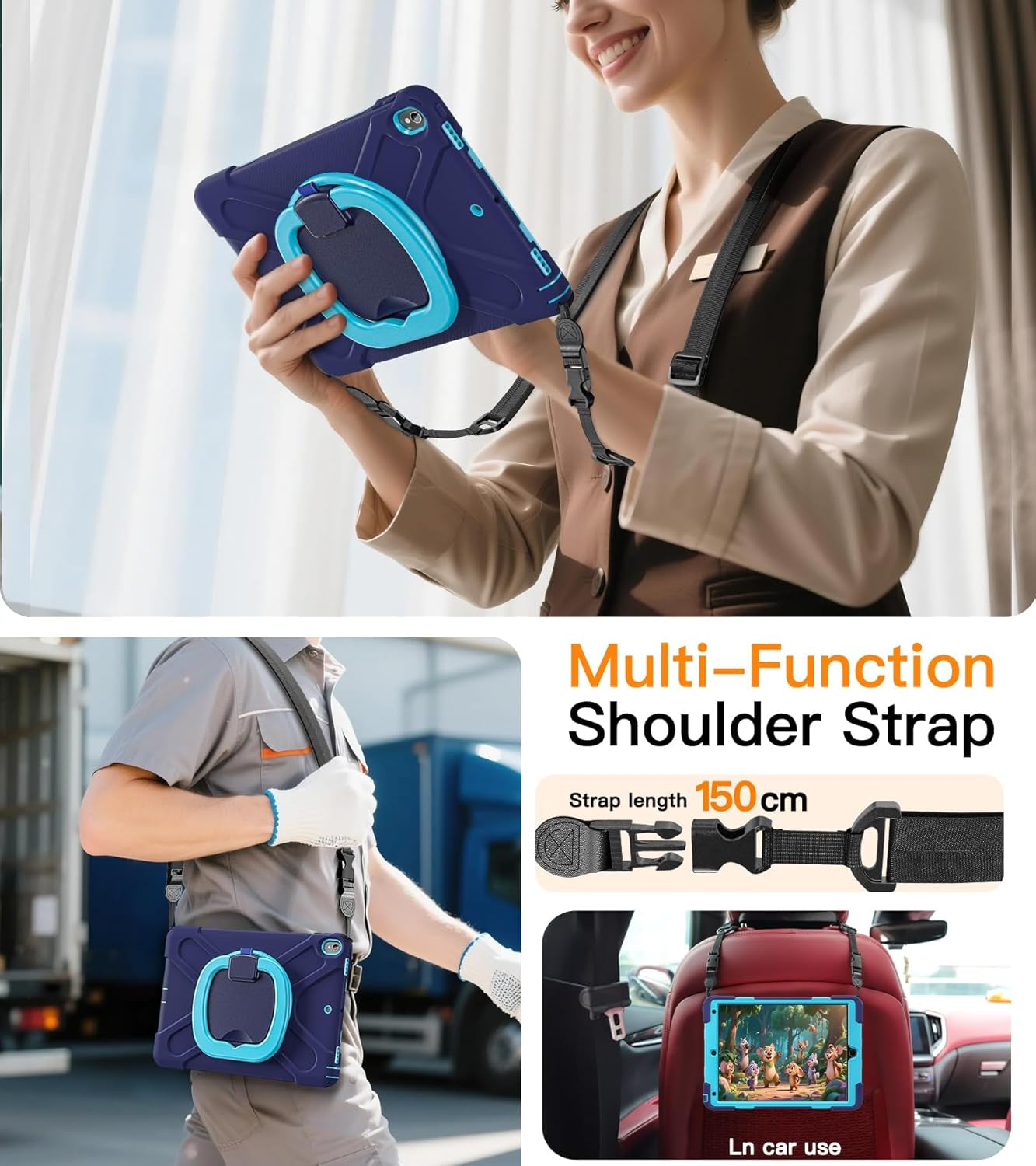 Ipad Air 3Rd Generation Case 2019 Release/Ipad Pro 10.5 Case 2017 Released; Rugged Heavy Duty Protective Cover with Pencil Holder, 360Β° Swivel Stand, Shoulder Strap; for Kids (Navy Blue+Blue)