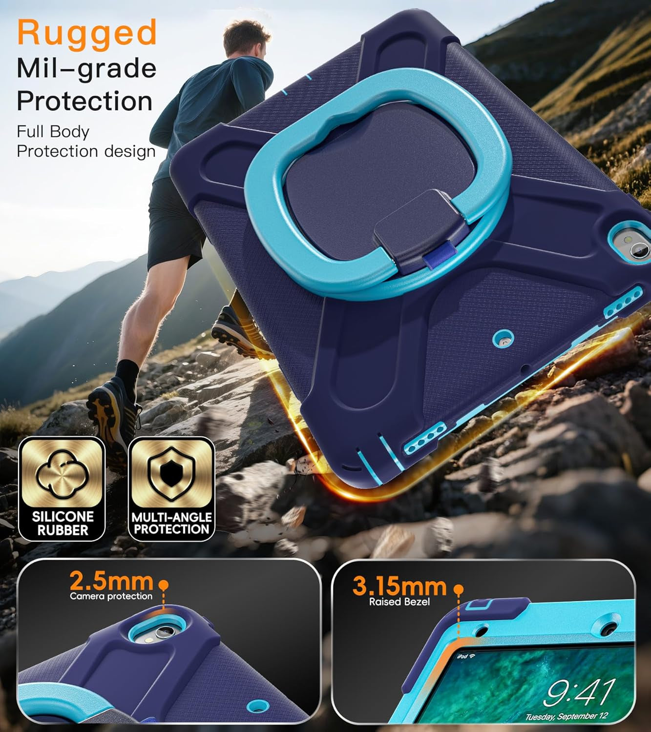 Ipad Air 3Rd Generation Case 2019 Release/Ipad Pro 10.5 Case 2017 Released; Rugged Heavy Duty Protective Cover with Pencil Holder, 360Β° Swivel Stand, Shoulder Strap; for Kids (Navy Blue+Blue)