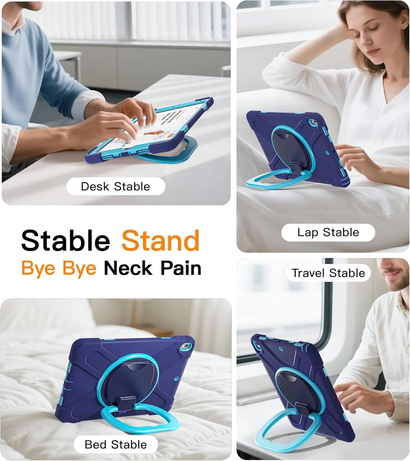 Ipad Air 3Rd Generation Case 2019 Release/Ipad Pro 10.5 Case 2017 Released; Rugged Heavy Duty Protective Cover with Pencil Holder, 360Β° Swivel Stand, Shoulder Strap; for Kids (Navy Blue+Blue)