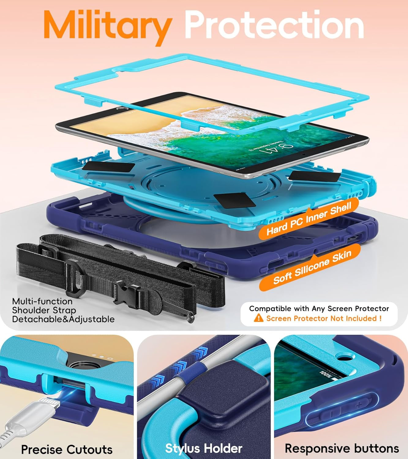 Ipad Air 3Rd Generation Case 2019 Release/Ipad Pro 10.5 Case 2017 Released; Rugged Heavy Duty Protective Cover with Pencil Holder, 360Β° Swivel Stand, Shoulder Strap; for Kids (Navy Blue+Blue)