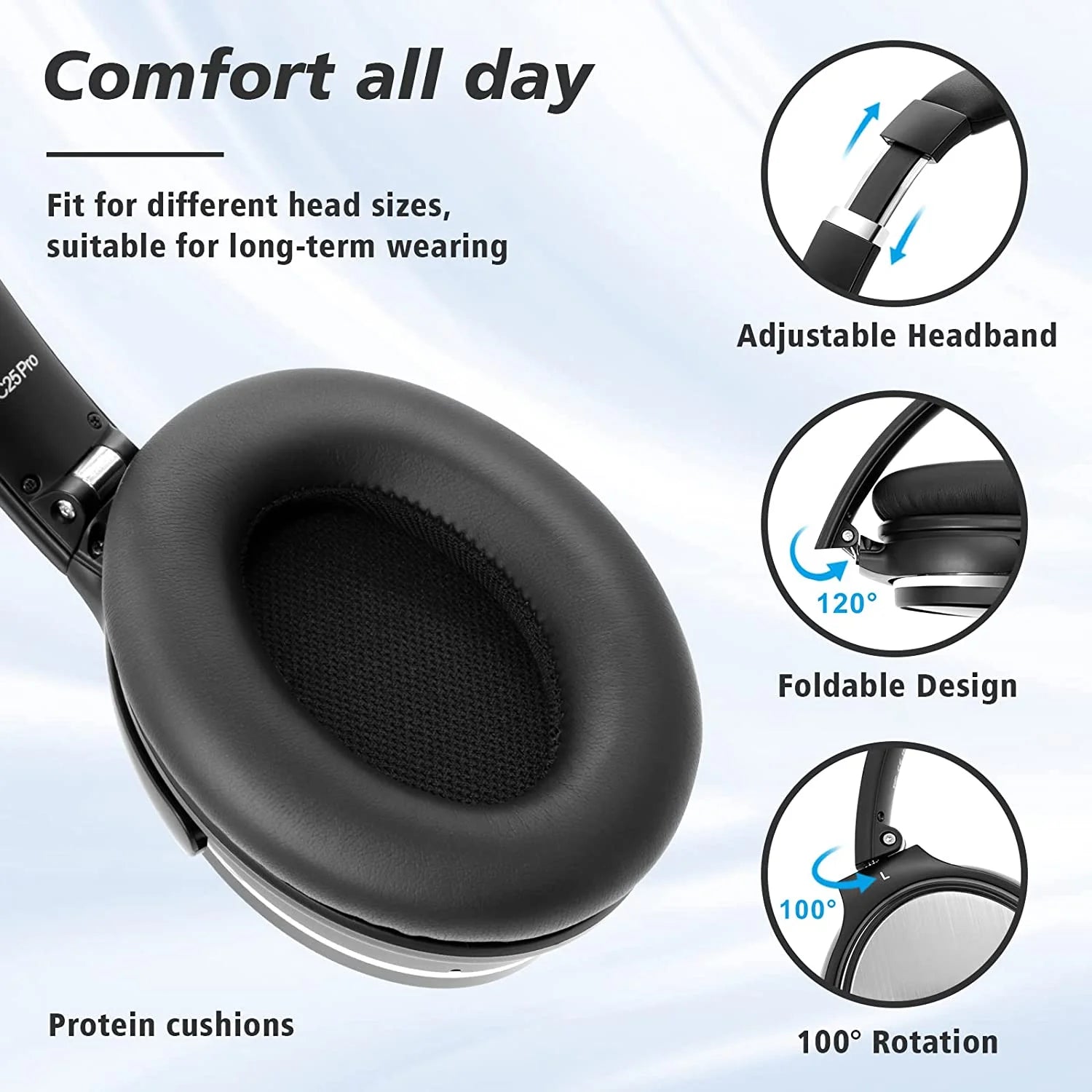 Nicecomfort 25Pro Active Noise Cancelling Headphones, Wireless Bluetooth Headset with Game Mode Black