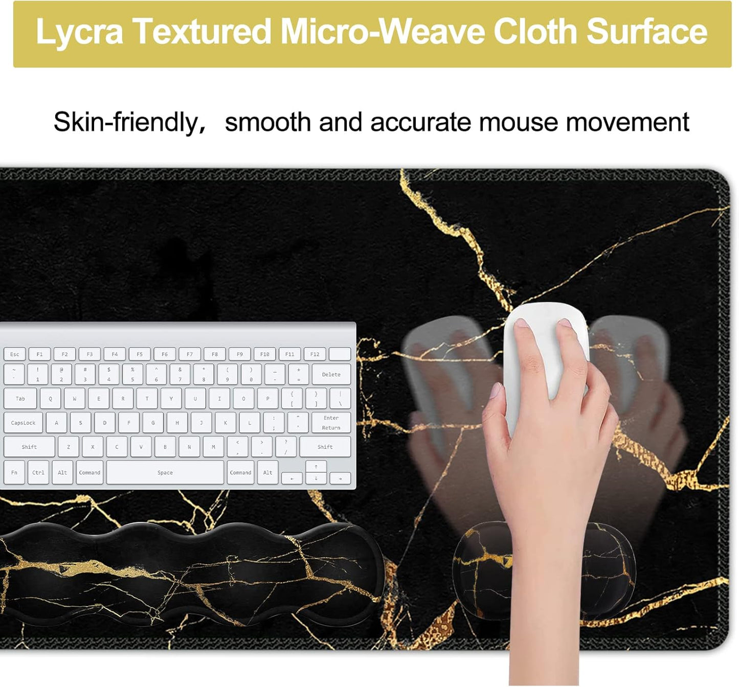 Pad Set, Large Gaming Mouse Pad + Keyboard Wrist Rest + Mouse Pad with Wrist Support + Coaster, Easy Typing Pain Relief, 35.4X15.7In Desk Mat for Home Office, Black Gold Marble