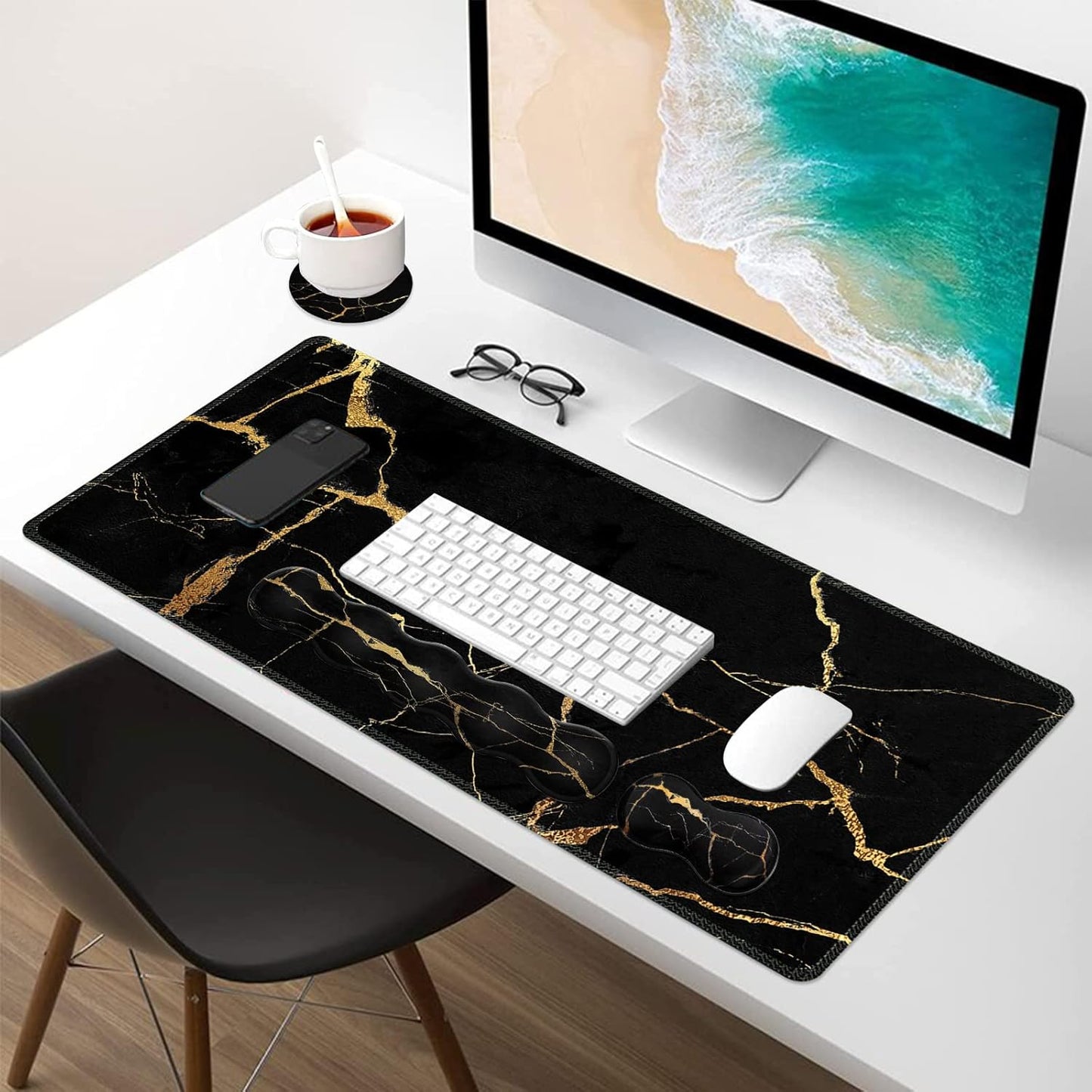 Pad Set, Large Gaming Mouse Pad + Keyboard Wrist Rest + Mouse Pad with Wrist Support + Coaster, Easy Typing Pain Relief, 35.4X15.7In Desk Mat for Home Office, Black Gold Marble