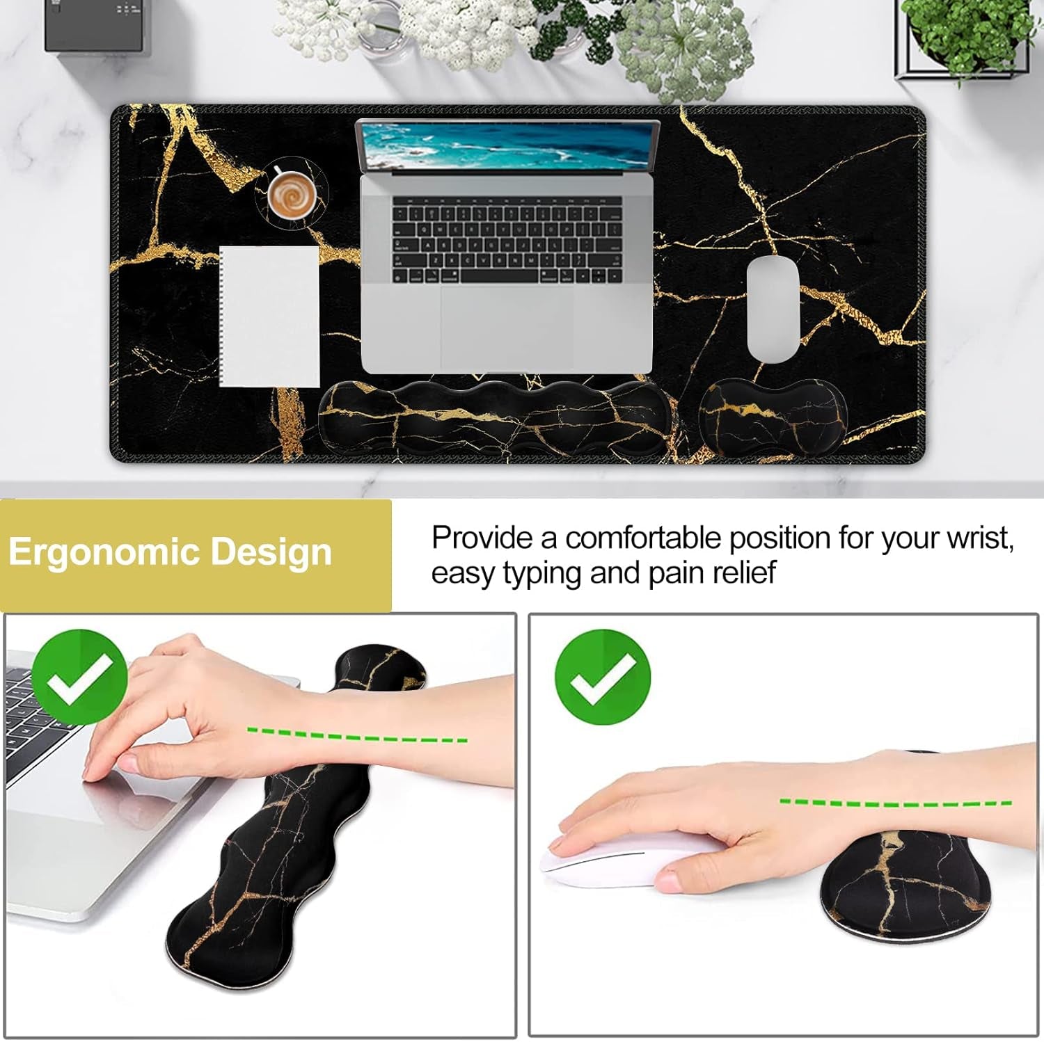 Pad Set, Large Gaming Mouse Pad + Keyboard Wrist Rest + Mouse Pad with Wrist Support + Coaster, Easy Typing Pain Relief, 35.4X15.7In Desk Mat for Home Office, Black Gold Marble