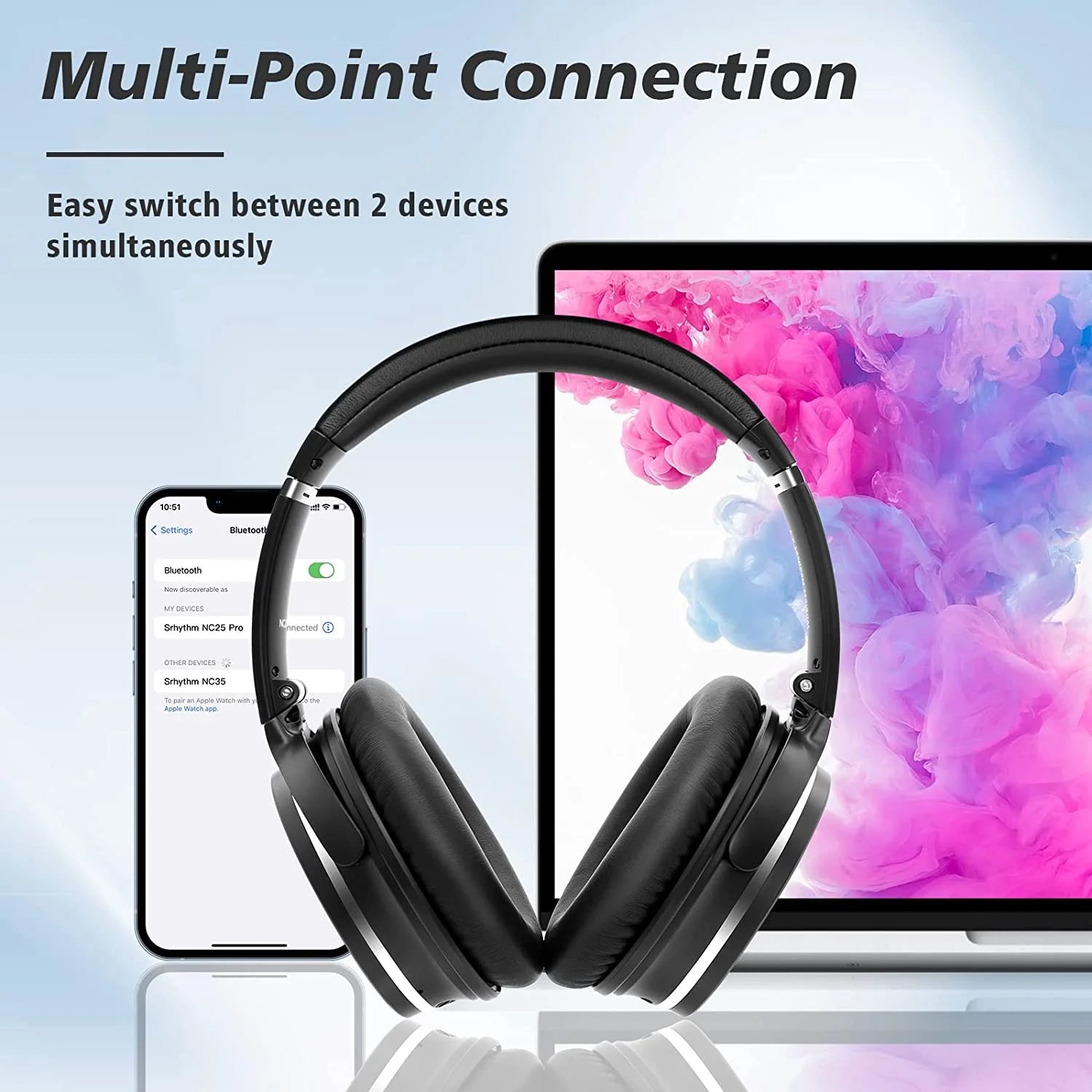 Nicecomfort 25Pro Active Noise Cancelling Headphones, Wireless Bluetooth Headset with Game Mode Black